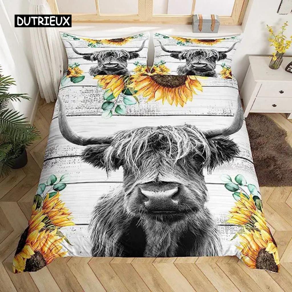 

Пододеяльник с изображением коровы Хайленд Цветок King Size Bull Cat Комплект постельного белья Western Funny Animal Комплект одеяла Wildlife Farmhouse EU single(135x200cm)