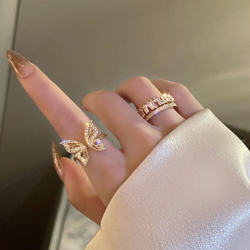 New Design Rhinestone Butterfly Adjustable Opening Ring Luxury Party for Women Inlaid Zircon Butterfly Ring Fashion Jewelry