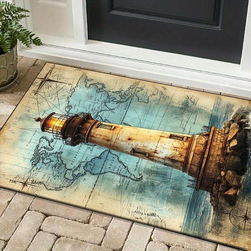 Vintage Lighthouse Map Rug for Nautical Themed Rooms - Coastal Decor, Durable Indoor Outdoor Floor Mats Skid Resistant Carpet