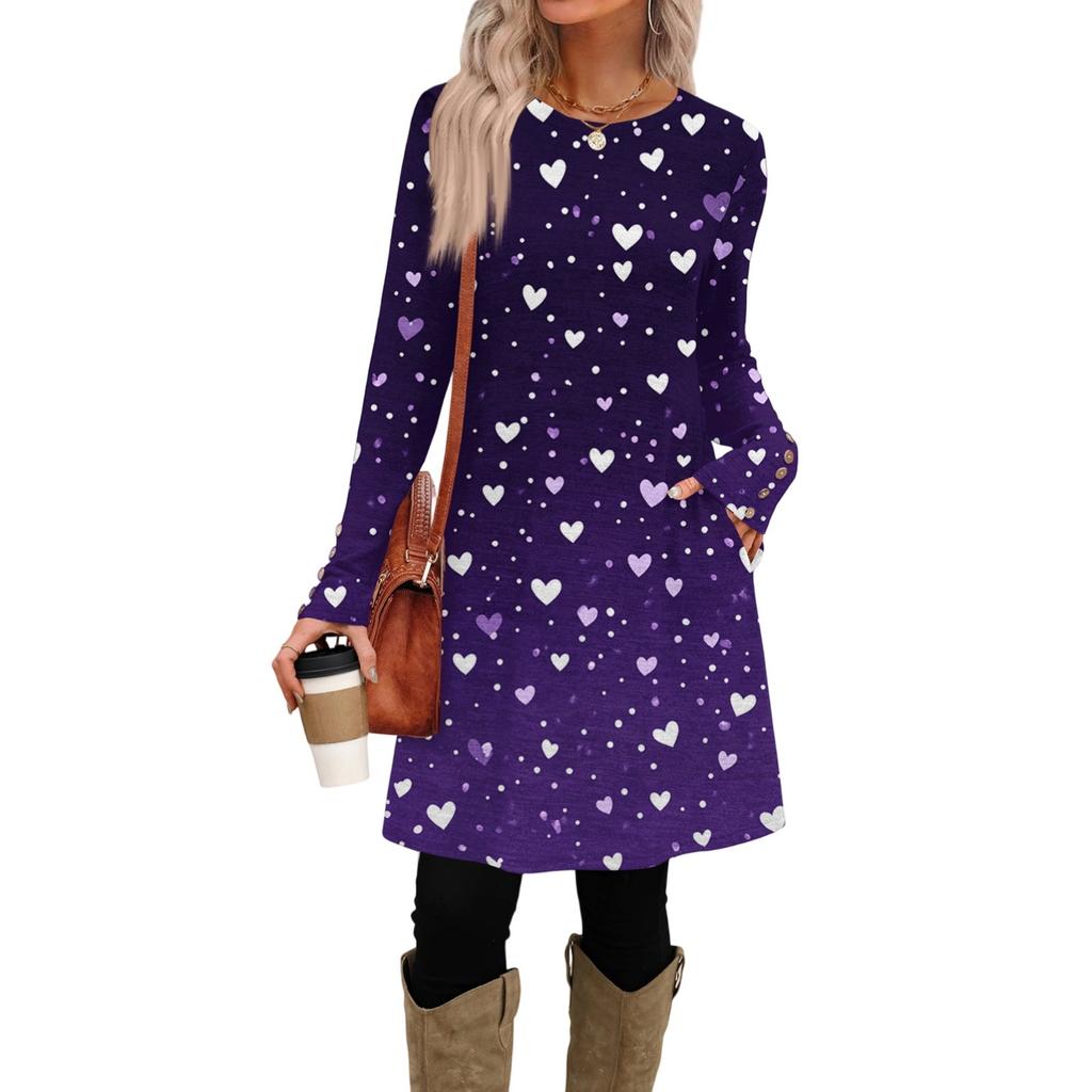 Damenmode lässiges Kleid mit Tasche, dekorativen Knöpfen, Rundhalsausschnitt, langen Ärmeln und Print