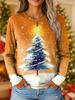 Women's Vintage Christmas Tree Print Long Sleeve T-shirt, Holiday Gift Crew Neck, Festive Party Top, All Seasons Fashion Wear