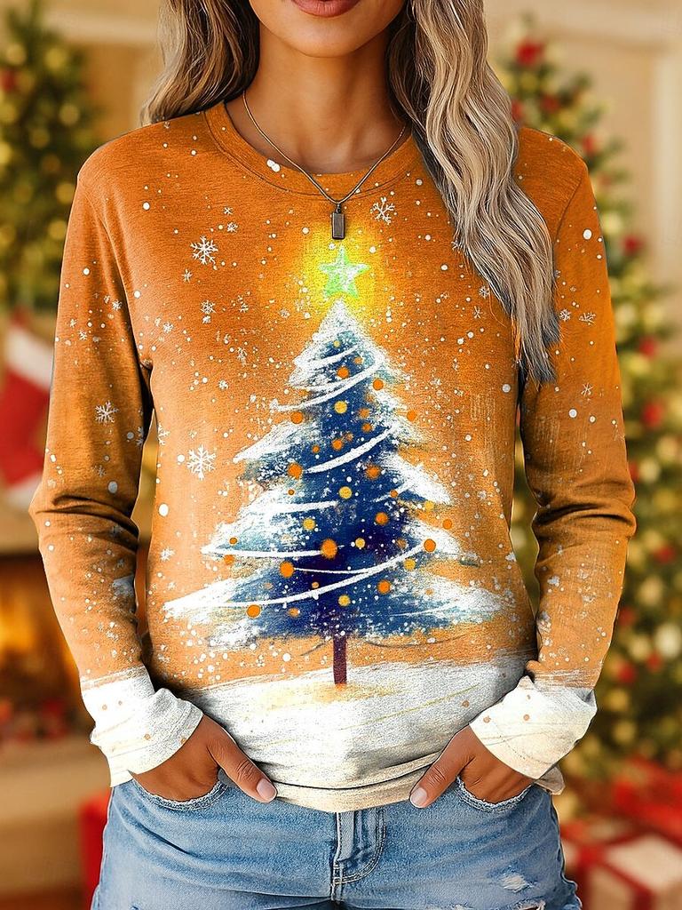 Women's Vintage Christmas Tree Print Long Sleeve T-shirt, Holiday Gift Crew Neck, Festive Party Top, All Seasons Fashion Wear