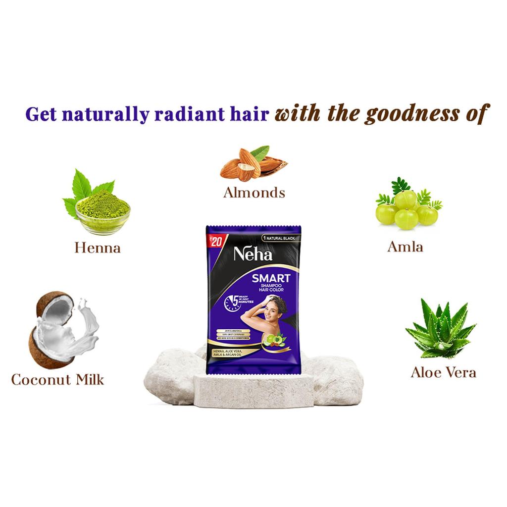 Neha Herbal Smart Shampoo Haarfarbe für Männer und Frauen Naturschwarz Schnelle 5-Minuten-Anwendung Packung mit 1 x 10 Beuteln (je 18 ml) Einfache Anwendung ohne Schüssel
