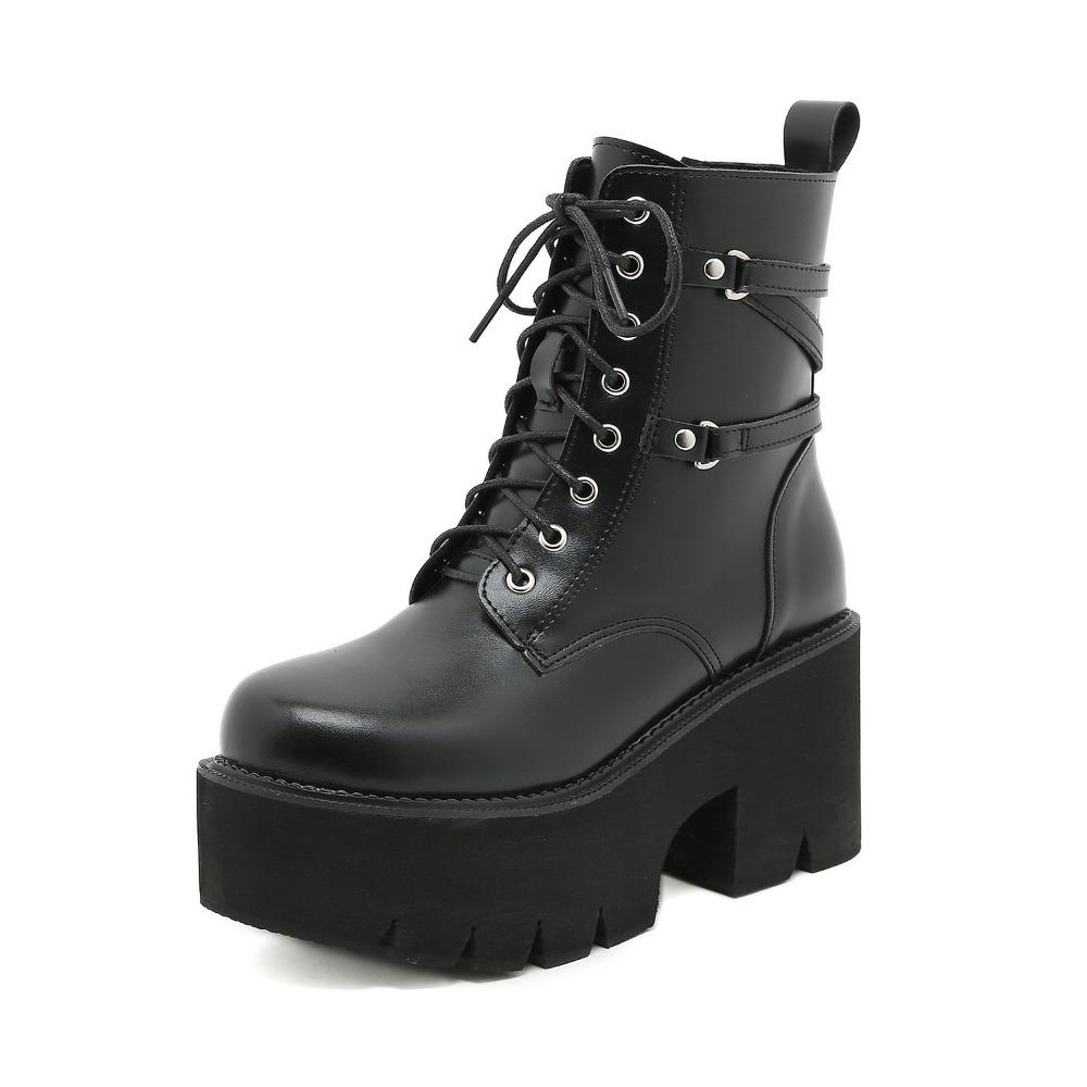 Fashion 2025 Mid Calf Boots Platform Goth Shoes Chunk Heels Black Leather Plus Size Side Zipper Rave Combat Boots for Women Lace Up