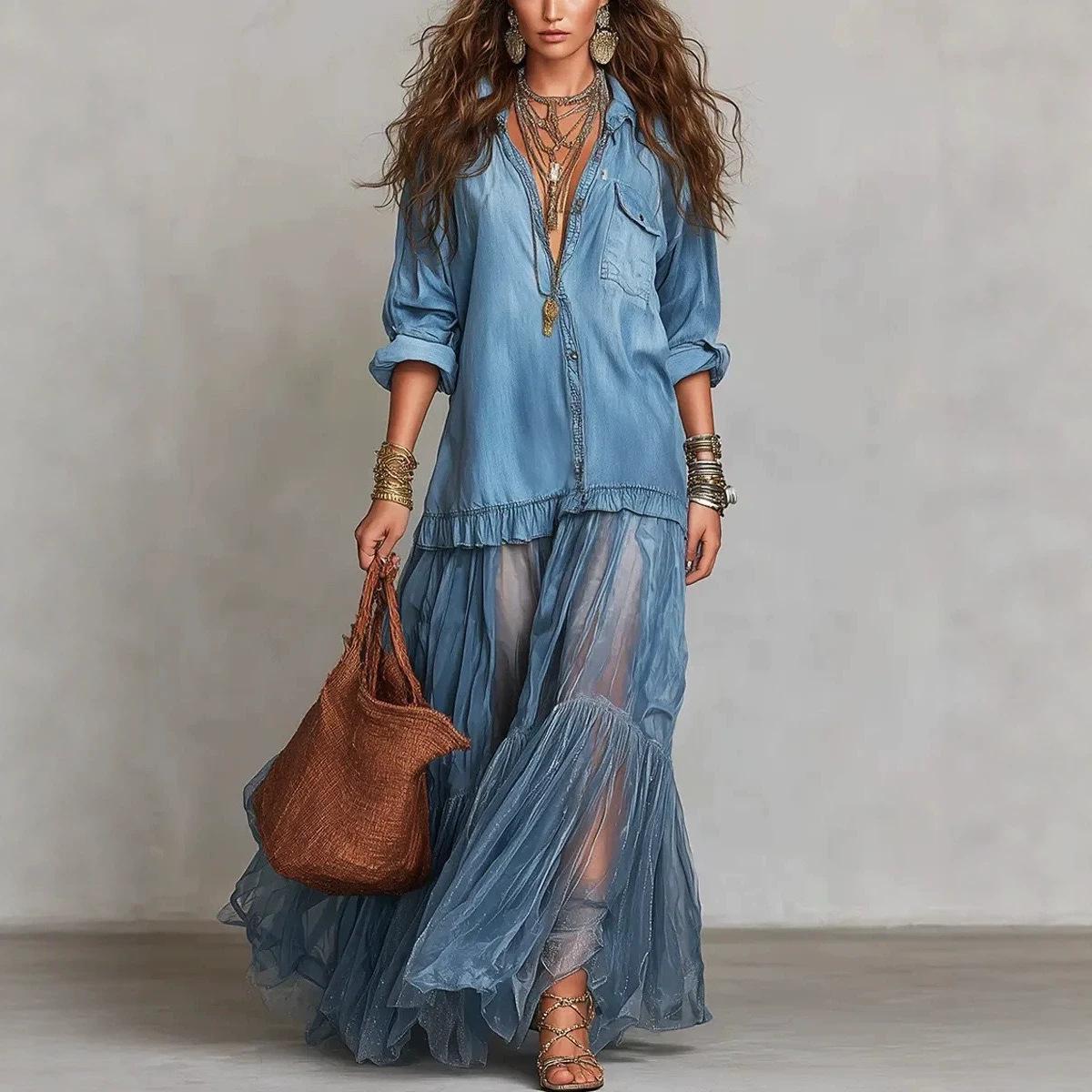 European and American style popular women s retro lapel imitation denim long dress casual pocket dress S