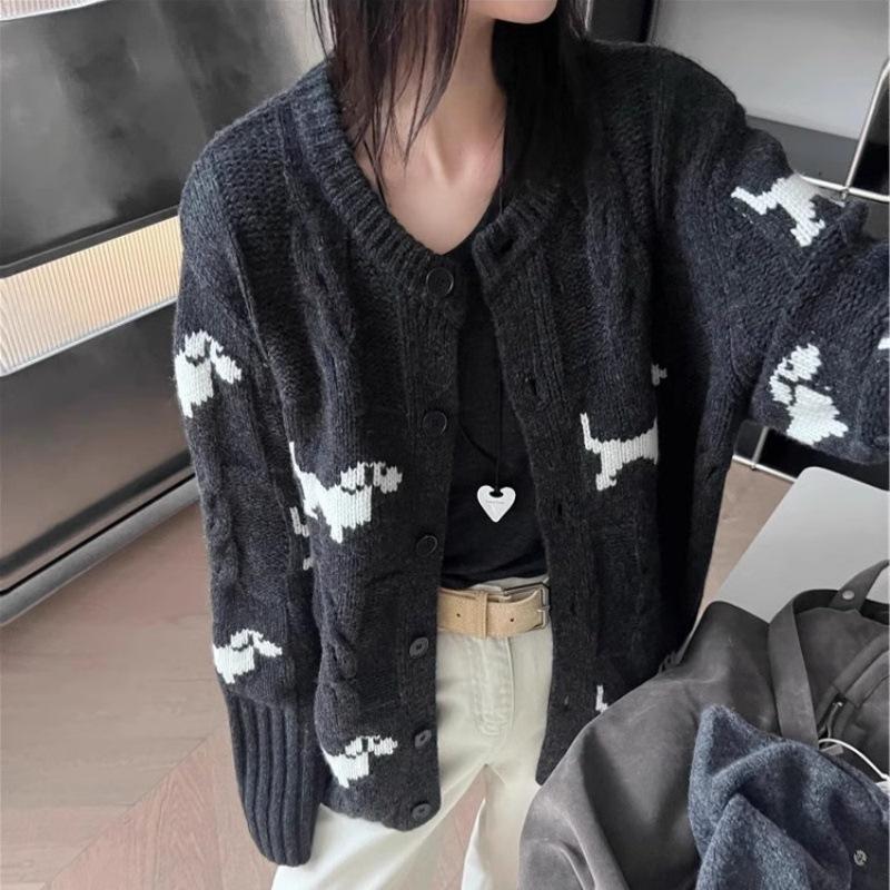 Autumn 2025 Women's Wool Jacquard Puppy Cardigan - Versatile Thick Cable Knit Sweater Coat