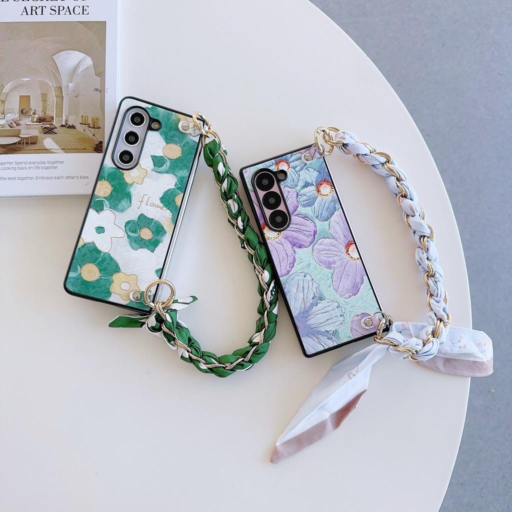 PU Leather Flower Cover with Hinge Protection & Scarf Wrist Chain Strap Bracelet For Samsung Galaxy Z Fold 6 5 4 3 5G Phone Case