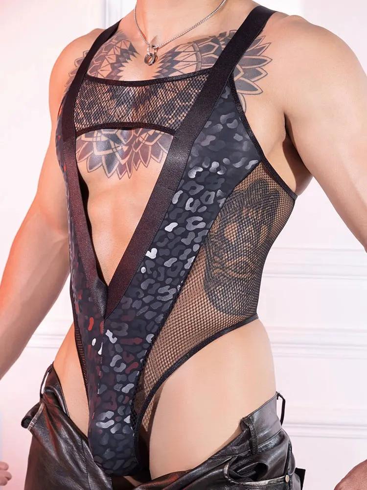 Sexy Men Hollow Out Bodysuit Tops Deep V Neck Mesh Patchwork High Cut Thong Tights Open Crotch U Bulge Pouch Sheath Man Onesize