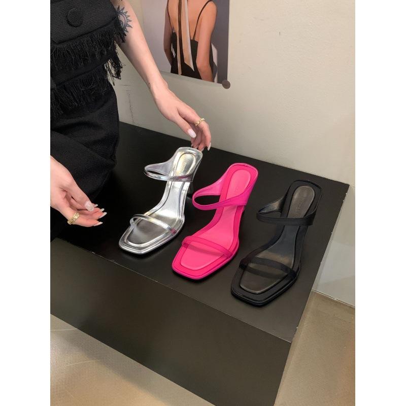 

2025 spring and autumn new Korean version of thick heels open-toed versatile simple square head cool slippers women wear high heels beach 40