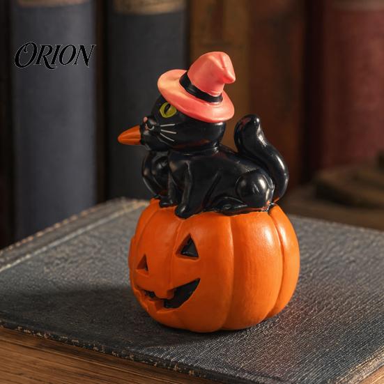 Resin Tabletop Figurine Halloween Cat Pumpkin Figurine, Retro Black Stacked Decorations Window Display Ornaments for Table Desk Office Mantel