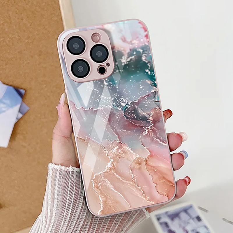 Marble Pattern Phone Case For iPhone 16 Pro Max Case iPhone 15 13 11 12 14 Pro Max X XR XS 7 8 Plus SE  Tempered Glass Cover