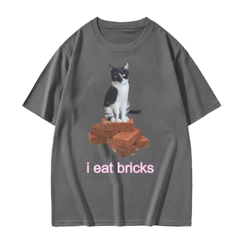 

HOT SALE I Eat Bricks Cute Cat Interesting Emoji Design T-shirt Summer Men Women Fashion Clothing O Collar Short Sleeved Top 4XL