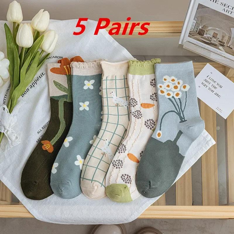 5 Pairs Lot Women Socks Cotton Japanese Korean Style Cute Flower Print Hajuruku Kawaii Floral Breathable Casual Sweet Socks