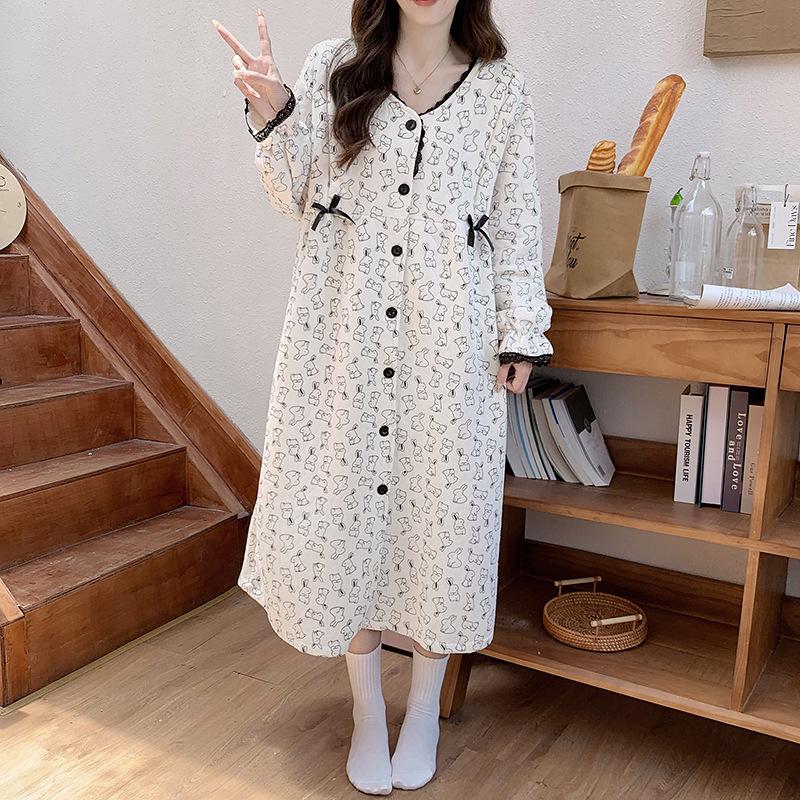 Autumn/Winter Postpartum Nursing Nightgown: Thick Air Cotton Maternity Pajamas for Spring and Autumn