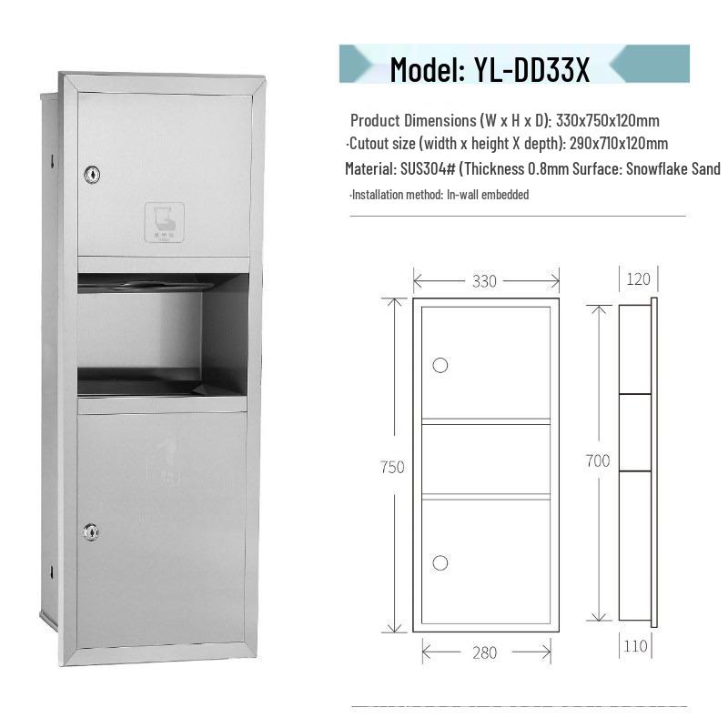 Built-in Stainless Steel 2-in-1 Bathroom Hand Dryer & Recessed Trash Bin