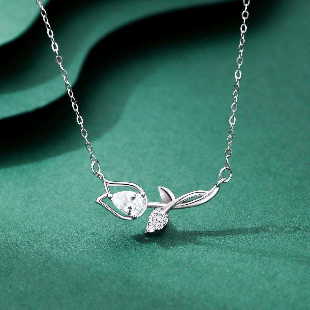 S925 Sterling Silver Tulip Flower Zircon Pendant Necklace for Women | Vintage Style Flower Clavicle Chain Jewelry Gift