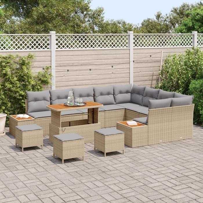 Ensemble de Canapé de Jardin vidaXL de 13 pièces avec Coussins Beige en Poly Rotin Acacia, Ensemble de Salle à Manger 3362962