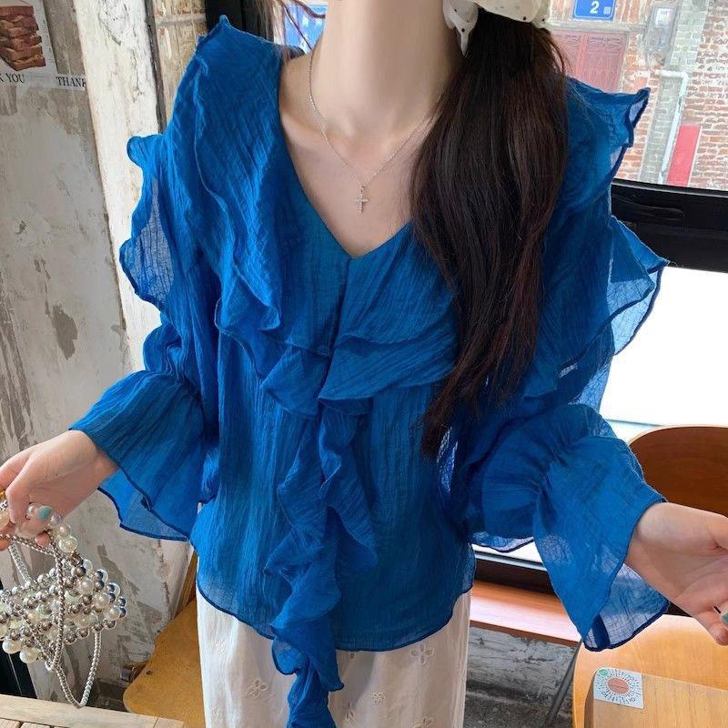 Shirt for Women Summer Oversize Cotton Loose Blouse V Neck Casual Long Sleeve Pullover Soft Loose Shirt Top