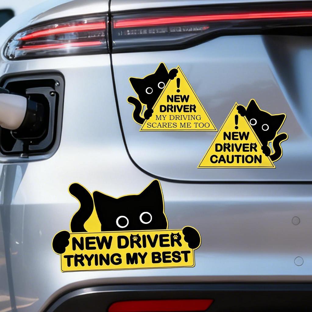3pcs New Driver Sticker Magnetic Black Cat Automotive Decal Auto Body Decals Beginner Student Driving Tips Sticker
