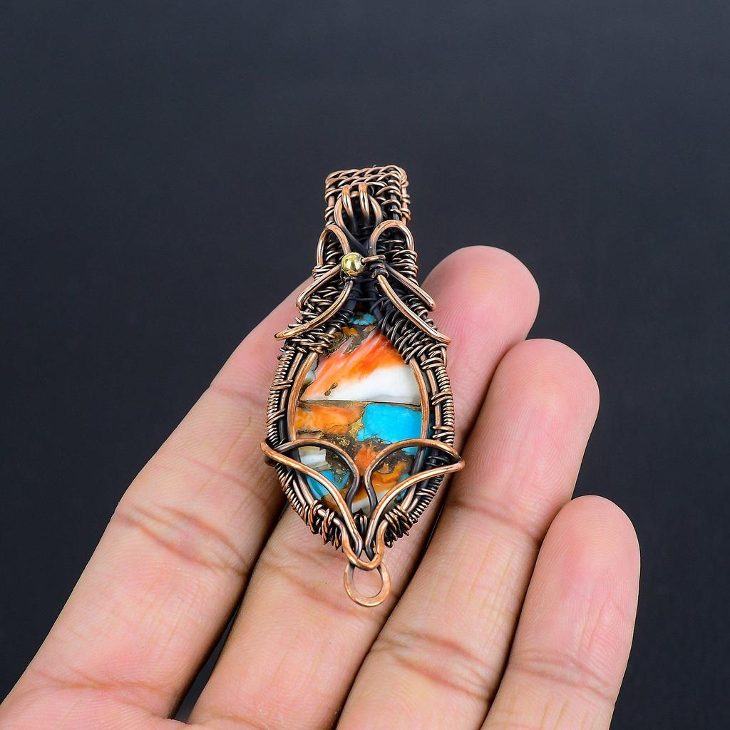 Anhänger aus Orangefarbener Stachelmuschel, 999 Kupferdraht umwickelter Edelsteinschmuck, Handgefertigter Anhänger Erstaunlicher Schmuck, Geschenk für Sie