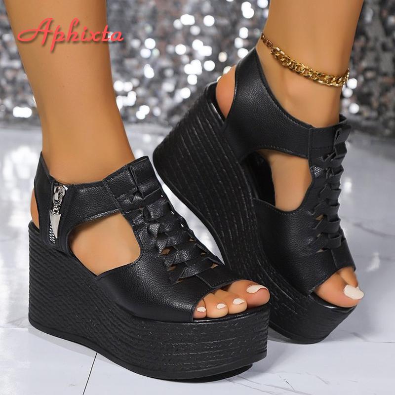 Fashion Aphixta Summer 9cm High Wedge Heel Platform Sandals Woman Sandals Gold Upper Women Zip Summer Shoes Peep Toe Sandals Big Size 43