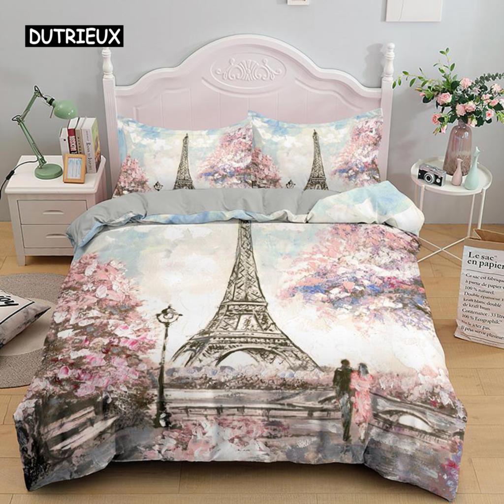 Eiffel Tower Duvet Cover King Size Paris Sunset Bedding Set Romantic France Theme Polyester Quilt Cover for Adult