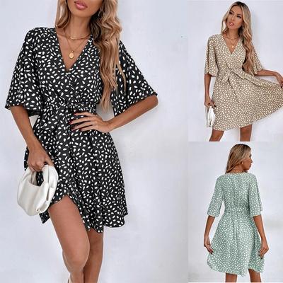 Vestido Estampado Decote V Vestido Justo na Cintura Vestidos Elegantes de Manga Curta Vestido Casual Feminino