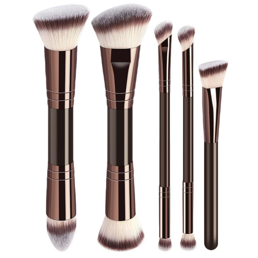 Dual-Head Makeup Brush Set: Foundation, Blush, Loose Powder Brushes In Coffee Color.