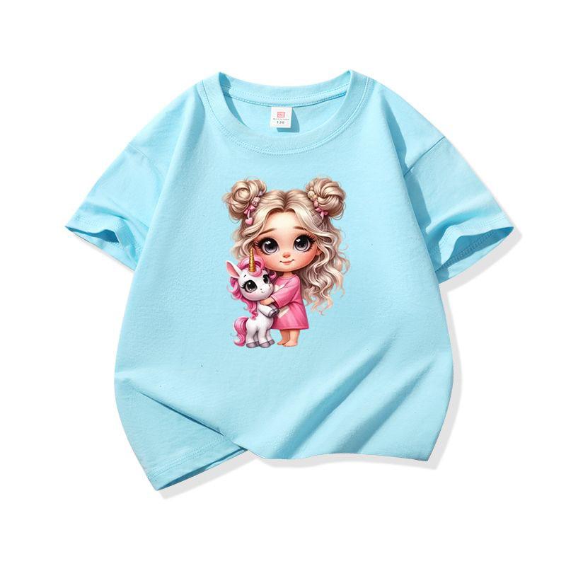 Kids Cotton T Shirt Girl With Pink Unicorn Print Crew Neck Short Sleeve Tee Casual Boys Girls Summer Tops