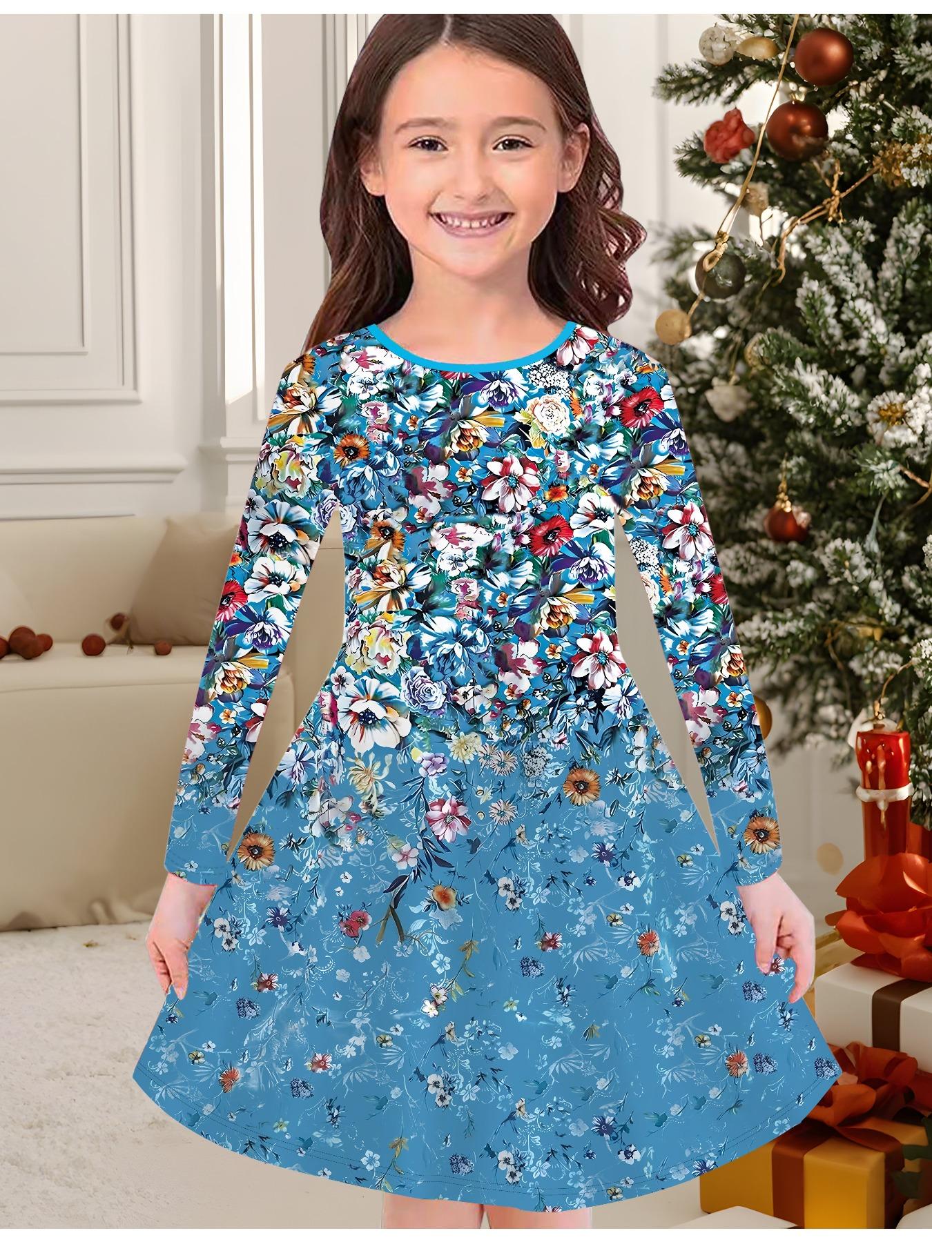 

Модное осенне-зимнее платье для девочек, платье-футболка с длинным рукавом и круглым вырезом, с 3D цветочным принтом, повседневное, универсальное, рождественская одежда 170 темно-синий