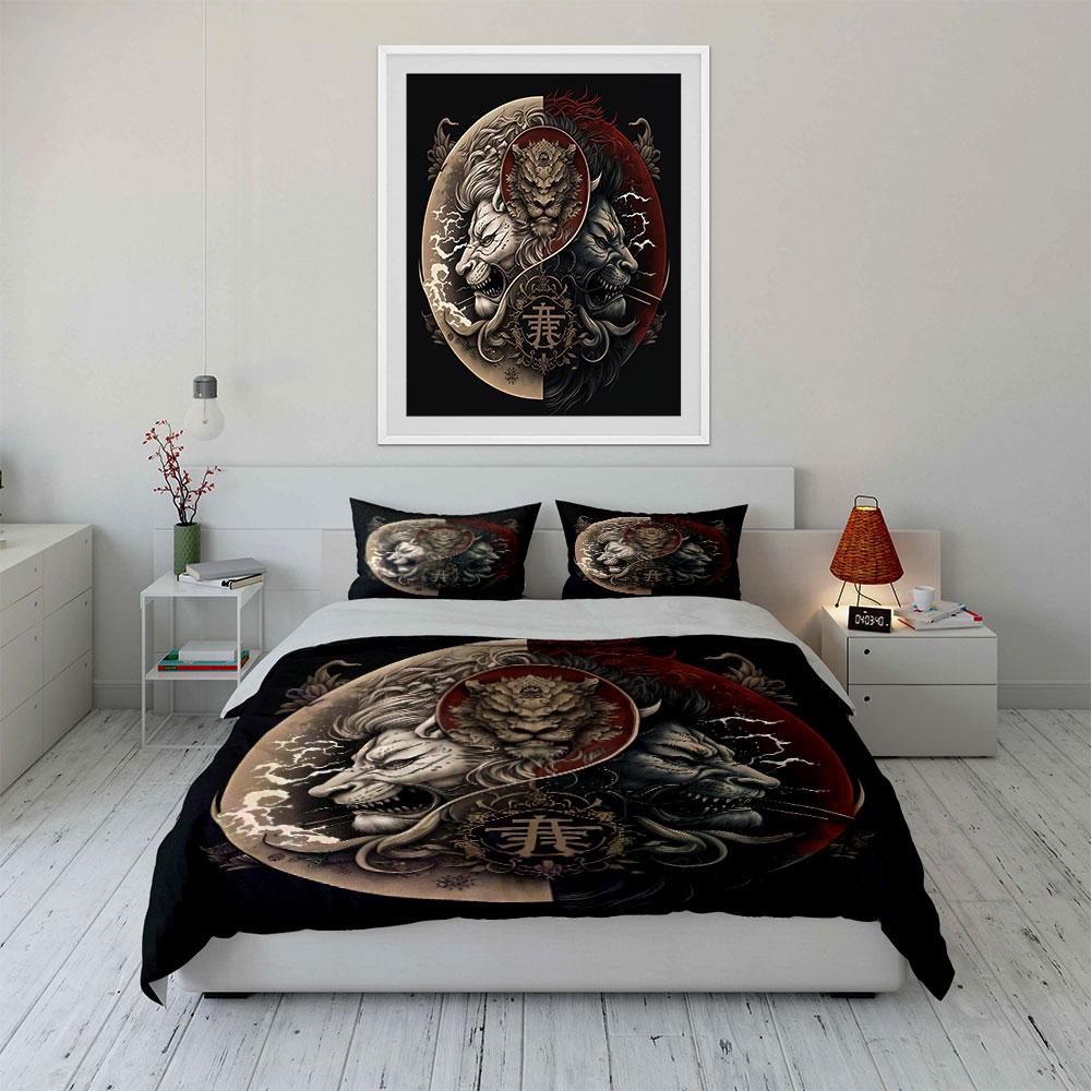 "Dragon Tiger Yin-Yang Decor Set" Bedding Set with 1 Duvet Cover 2 Pillowcases Single Double King Queen, Gift