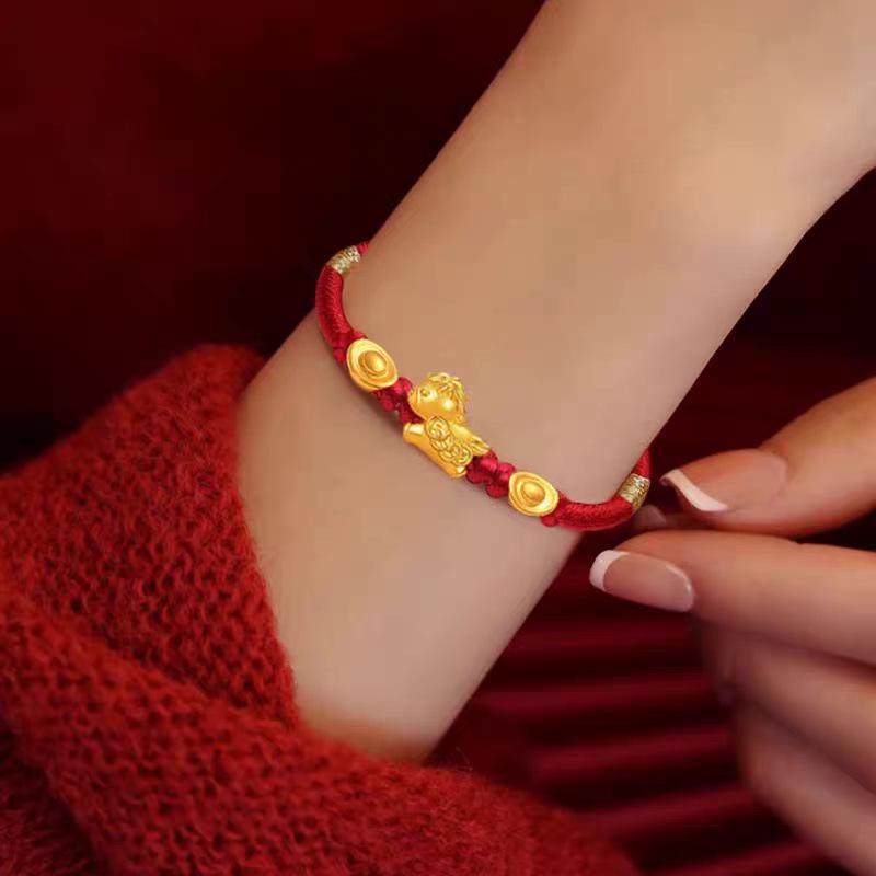 Handmade Red String Bracelet with Gold Ingot and Beads for Zodiac Year of the Horse - Immediate Wealth Lucky Charm