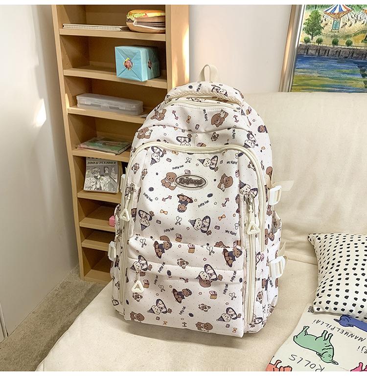 

Middle school student backpack, light bear print, primary school student large-capacity schoolbag, girl cute backpack білий