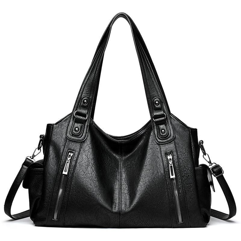 Women PU Leather Tote Shoulder Bag Large Capacity Multi Zipper Pockets Handbag Detachable Crossbody Strap Soft Vintage Casual Daily Shopping