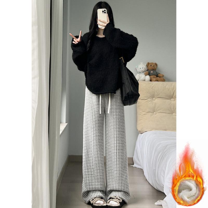 

High Waist Wide Leg Pants Women s Autumn Winter Lazy Casual Fleece Woolen Plaid Comfortable Trousers One Size