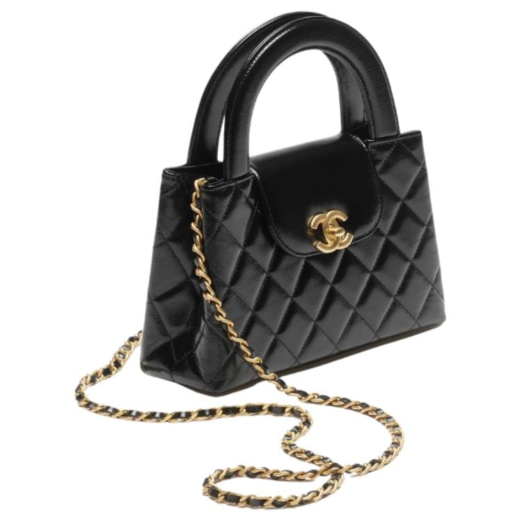 Chanel Borsa a mano mini Kelly 23K Pelle di vitello lucida invecchiata Metallo color oro Nero AS4416-B14296-94305