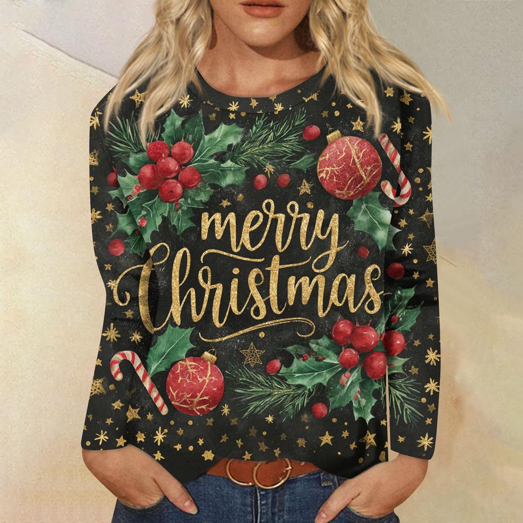 Women's Fashion Casual Long Sleeve  Print Round Neck Top