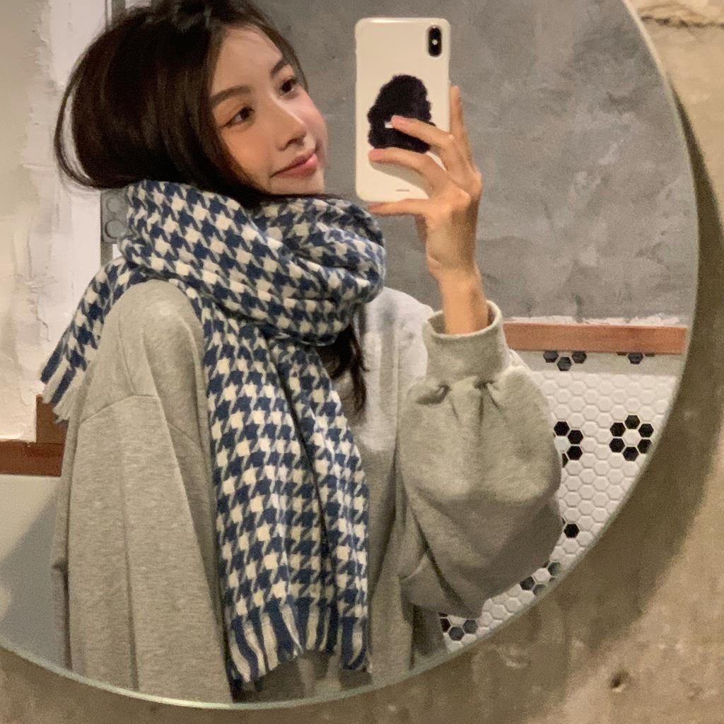 Winter Warm Couple Knitted Plaid Scarf Korean Style Versatile Tassel Contrast Color Houndstooth Scarf for Women