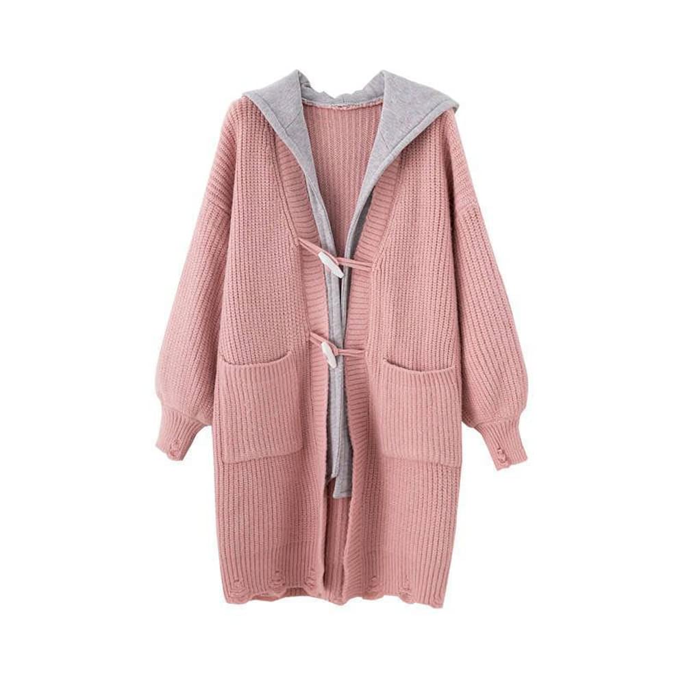 Village Hooded Knit Outerwear Loose D128 H&T Women's Cardigan, Jacket, Stylish, Elegant, Casual, Fit, Oversized, Popular, Warm, Autumn/Winter, (L,