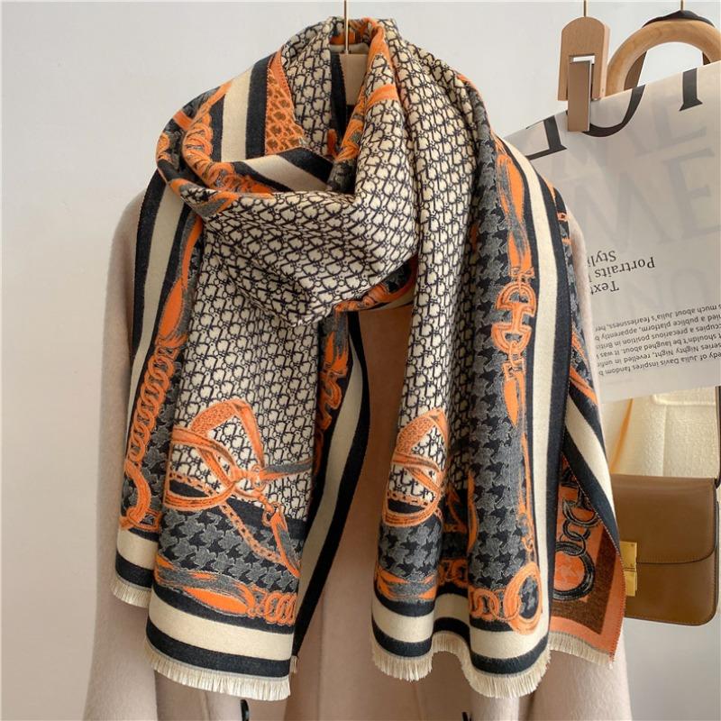 Imitation cashmere winter scarf, double-sided jacquard letter chain, air conditioner shawl, thick style warm scarf