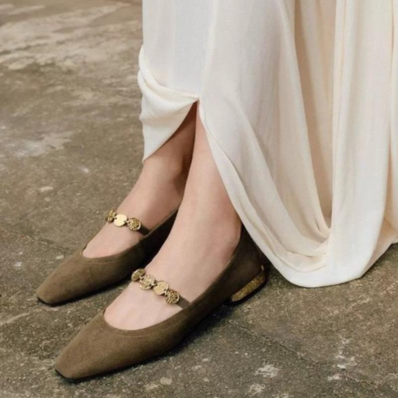Fashion Low Heel Shoes Women's Fashion Square Head Shallow Mouth Suede Metal Buckle Line with Soft Sole Anti-slip Wear Shoes