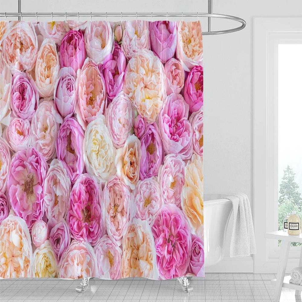 1Pcs Fresh Flowers Style Waterproof Shower Curtain, Blue Butterfly Of Flower Bathroom Decoration Curtain, With Plastic Hooks