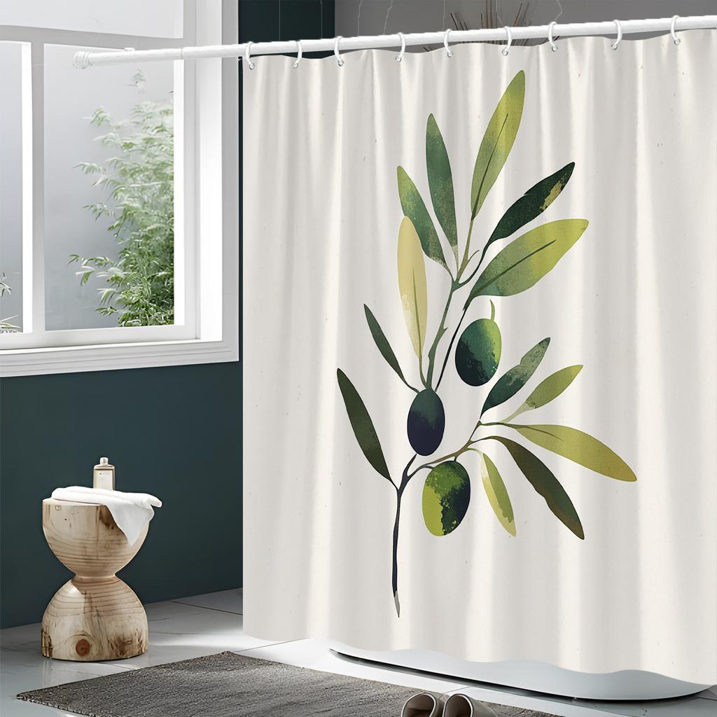 Olivenzweig Duschvorhang - 70,8 x 70,8 Zoll, Polyester, Maschinenwaschbar, Botanisches Thema, Elegantes Minimalistisches Design