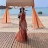 New Sweet French Red Plaid Spaghetti Strap Dress for Women, Vacation Style, Long Fishtail