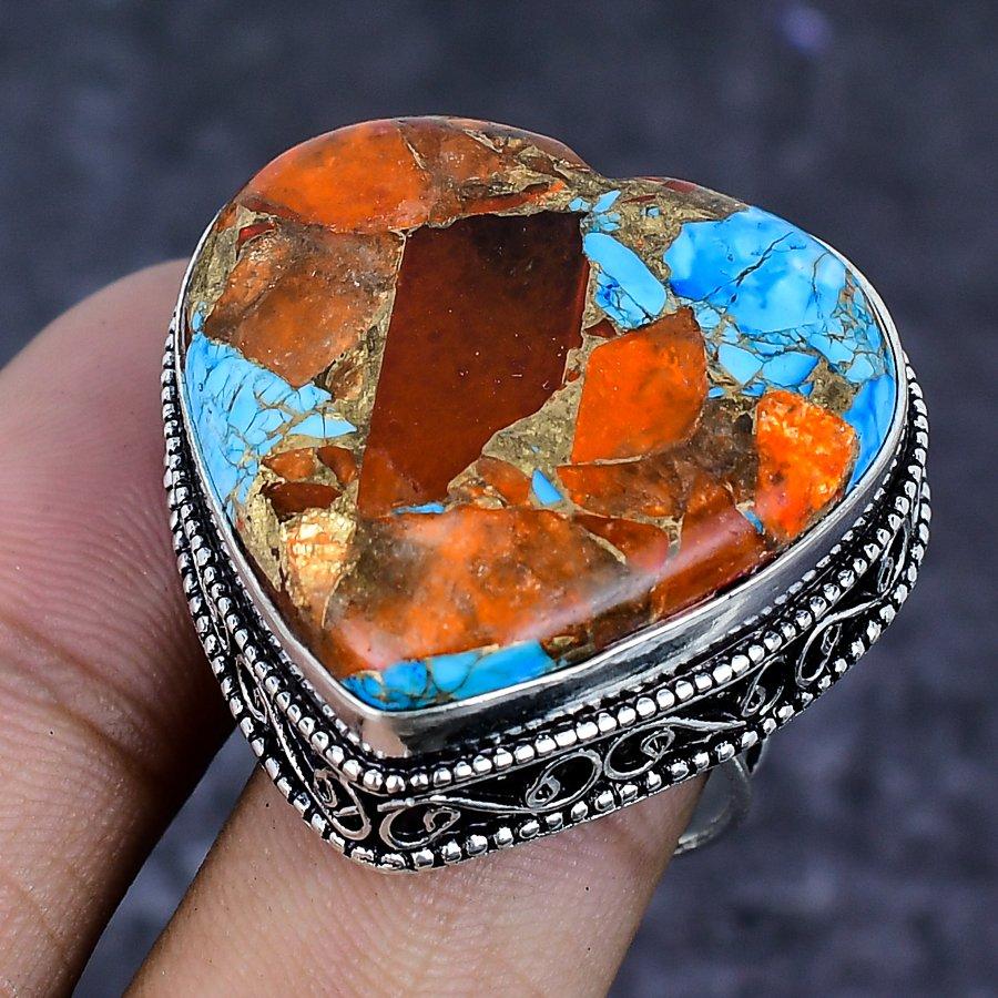 Anello in Argento Sterling 925 con Gemma di Ostrica Spinosa Naturale Misura 8 ETC-13897
