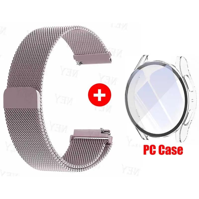 Glass Case+Strap for Samsung Galaxy Watch 7 6 5 4 40mm 44mm Milanese Loop 20MM Band PC Protector Cover Bumper Galaxy Watch 6 5 4