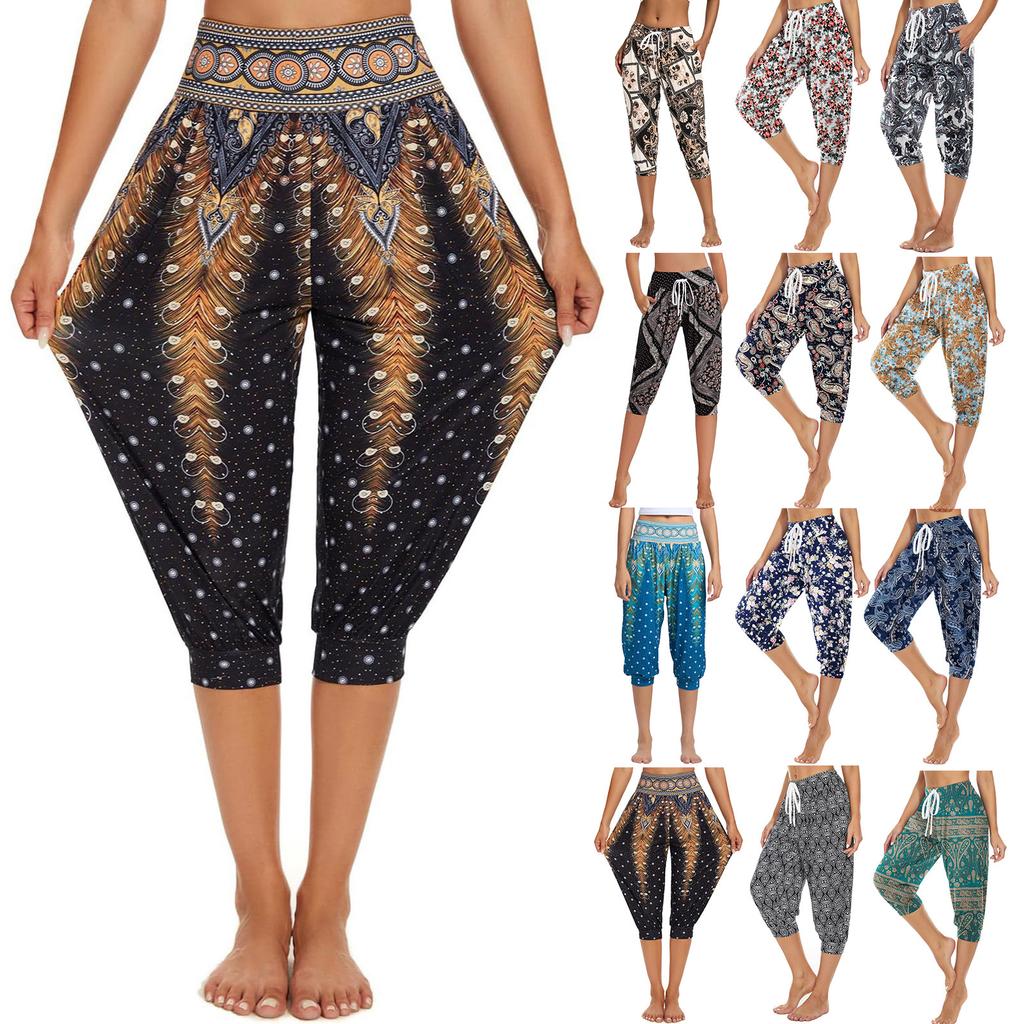 Damen Sommer Locker Retro Bedruckt Siebenhosen Jogginghose Yoga Home Jogginghose Mit Taschen