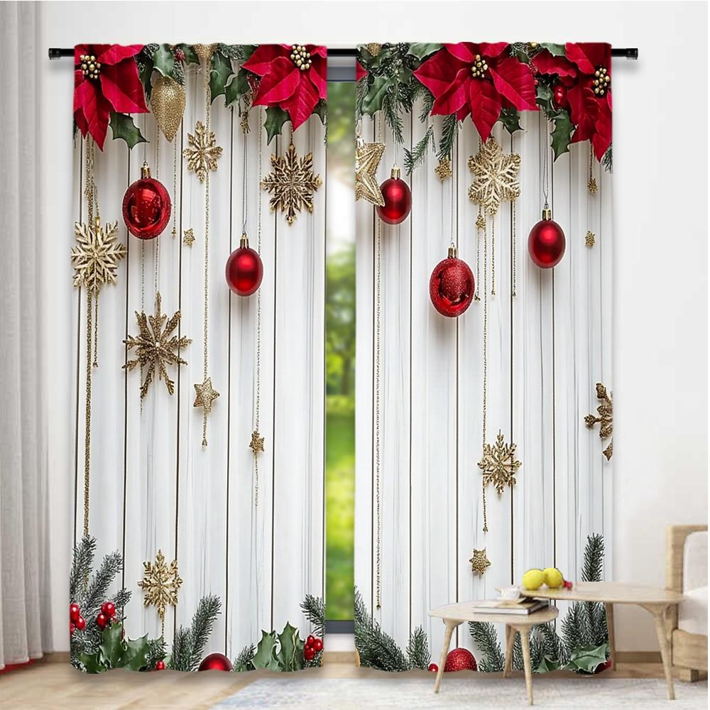 Set Of 2 Flat Printing Fashionable Christmas Curtains Holiday Digital Printed Polyester Drapes Festive Curtain