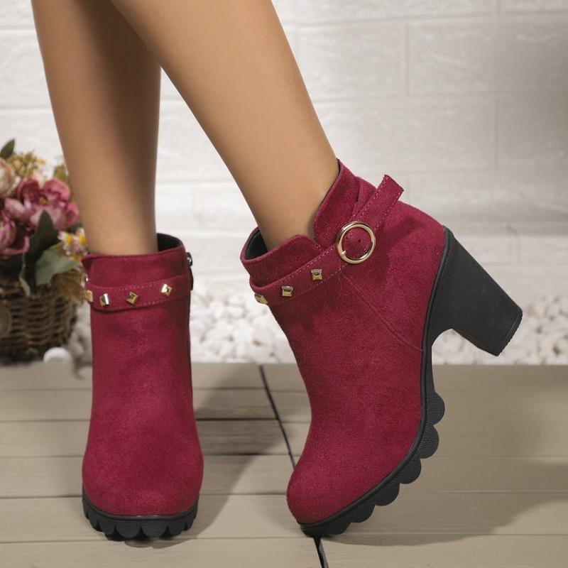 Short Thigh Boots Winter New Round Toe Side Zip Rivet Metal Buckle Platform Anti-Slip Wear-Resistant High Heels