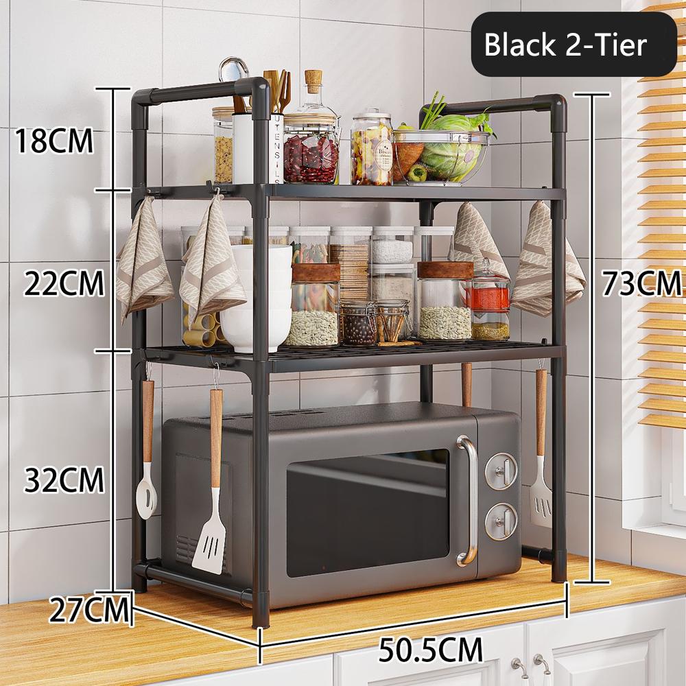 Extra Wide Microwave Stand - 2-Tier Heavy-Duty Kitchen Shelf for Oven Toaster & Spice Racks with Handrail Hooks Non-Slip